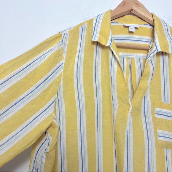 J. Jill Love Linen Striped Long Sleeve Popover Shirt Yellow White Coastal Beachy - Picture 5 of 13
